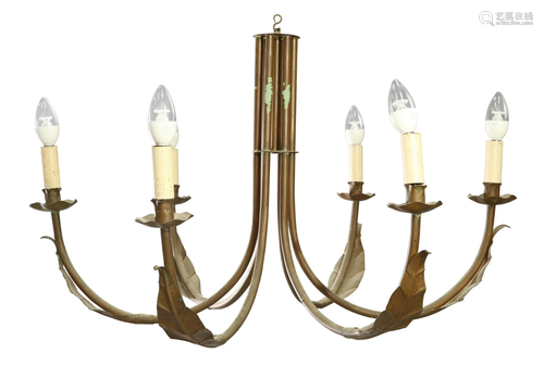 AN UNUSAL COPPER SIX-LIGHT CHANDELIER, the downswept