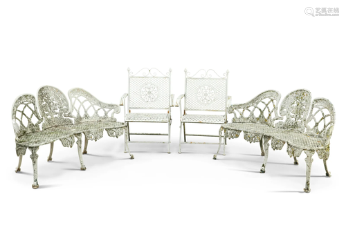 A PAIR OF WHITE PAINTED CAST IRON GARDEN BENCHES, each