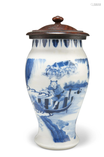A CHINESE TRANSITIONAL STYLE BLUE AND WHITE VASE, of