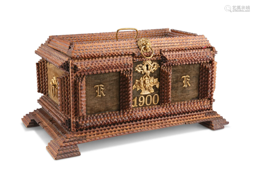 AN EARLY 20TH CENTURY TRAMP ART CASKET, of rectangular