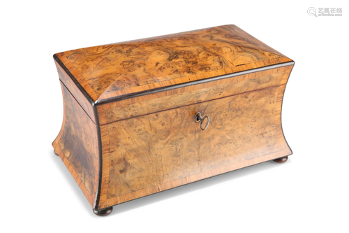 A VICTORIAN BURR WALNUT TEA CADDY, of bombe shape with