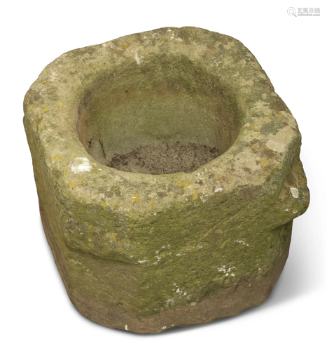 AN OLD WEATHERED STONE PLANTER, square section with