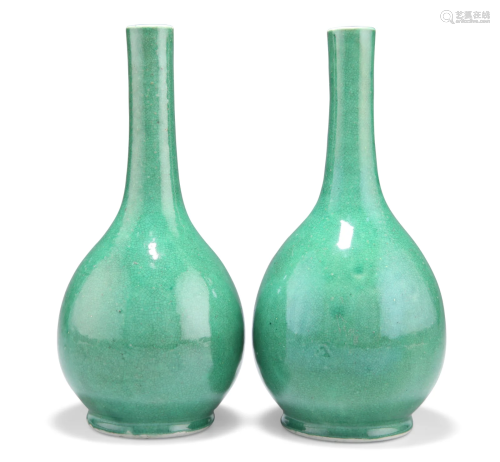 A PAIR OF CHINESE GREEN CRACKLE GLAZE BOTTLE VASES, one