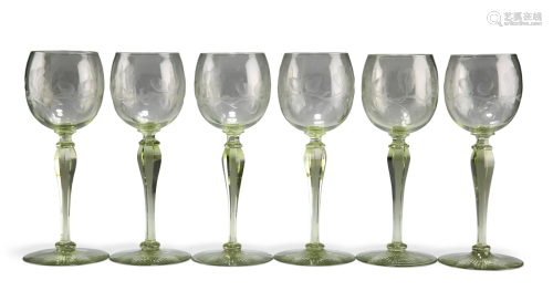 A SET OF SIX CONTINENTAL ART DECO ENGRAVED HOCK