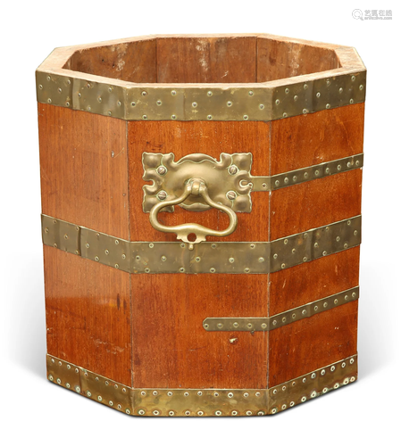 AN ARTS AND CRAFTS BRASS BOUND COOPERED TEAK BUCKET,