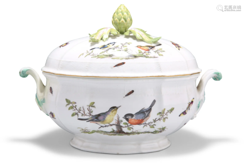 A MEISSEN ORNITHOLOGICAL TWO-HANDLED TUREEN AND COVER,