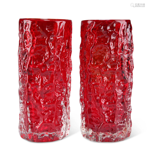 A PAIR OF WHITEFRIARS RUBY GLASS BARK VASES, designed