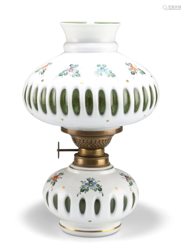 A BOHEMIAN WHITE AND GREEN OVERLAID GLASS OIL LAMP,