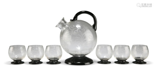 AN ETCHED AND BLACK GLASS DRINKS SET, POSSIBLY