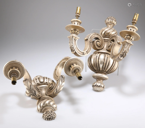 A PAIR OF BAROQUE STYLE SILVERED WOOD TWO-LIGHT WALL