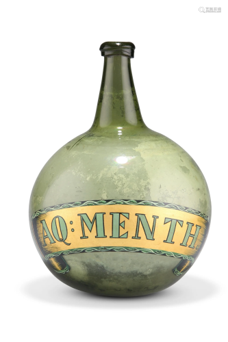 A GREEN GLASS ONION-SHAPED BOTTLE OR CARBOY, labelled