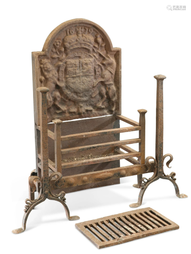 AN IMPRESSIVE CAST IRON FIRE GRATE, freestanding, the