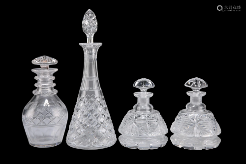 A SMALL STUART CRYSTAL CUT GLASS DECANTER, of tapering