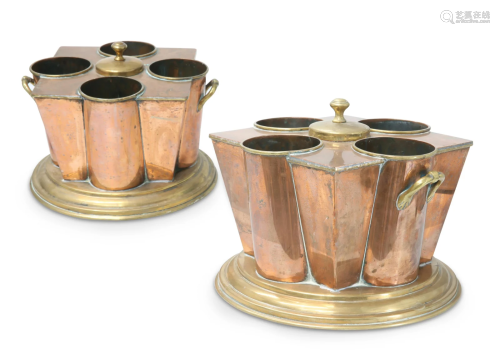 A PAIR OF UNUSUAL BRASS AND COPPER SHIP'S WINE COOLERS,