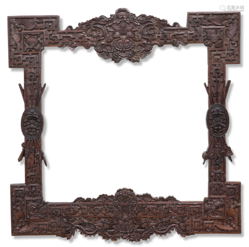 A 19TH CENTURY CHINESE HARDWOOD FRAME, deeply carved