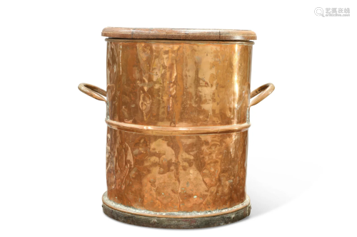 A 19TH CENTURY COPPER TWO HANDLED BARREL, cylindrical,