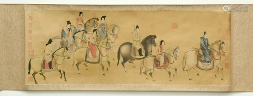 A CHINESE SCROLL PAINTING, depicting eight figures on
