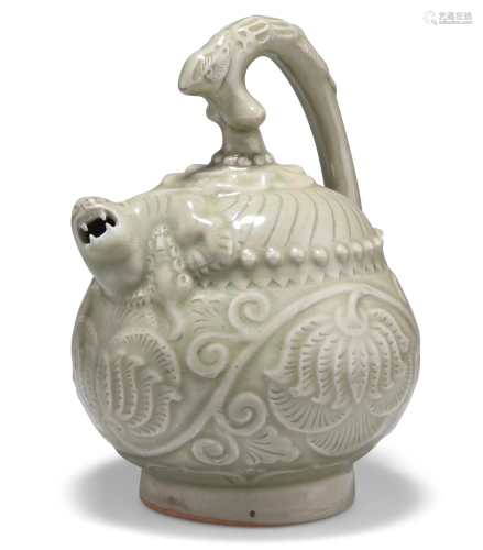 A CHINESE CELADON EWER, with zoomorphic handle and