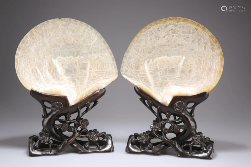 A PAIR OF CHINESE CARVED MOTHER-OF-PEARL SHELLS,