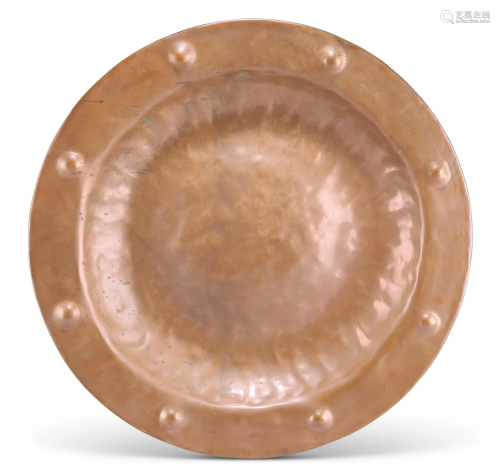 AN ARTS AND CRAFTS COPPER CHARGER, circular with