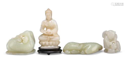 A GROUP OF CHINESE JADE CARVINGS, comprising ducks,