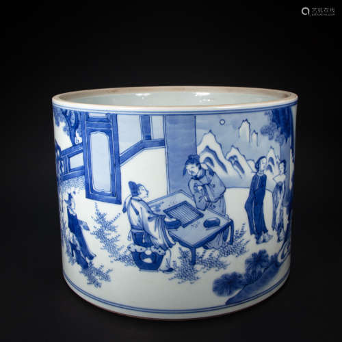 CHINESE BLUE AND WHITE FIGURES PEN HOLDER, MING DYNASTY