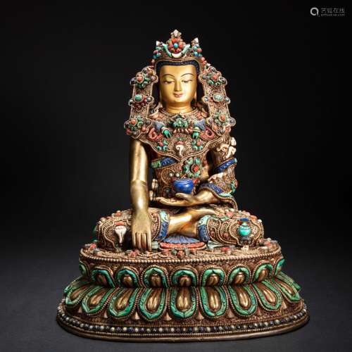 GILT BRONZE BUDDHA STATUE INLAID WITH GEMSTONES FROM XIZANG,...