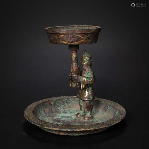 CHINESE BRONZE LAMP INLAID WITH GOLD, HAN DYNASTY
