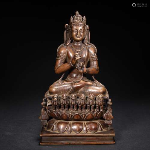 YUAN DYNASTY BRONZE INLAID SILVER BUDDHA STATUE FROM XIZANG,...