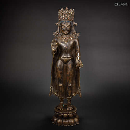 YUAN DYNASTY BRONZE INLAID SILVER BUDDHA STATUE FROM XIZANG,...