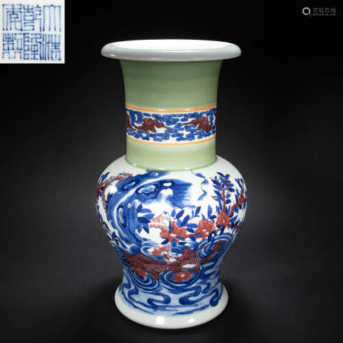 CHINESE BLUE AND WHITE GLAZED RED ZUN BOTTLE, QING DYNASTY