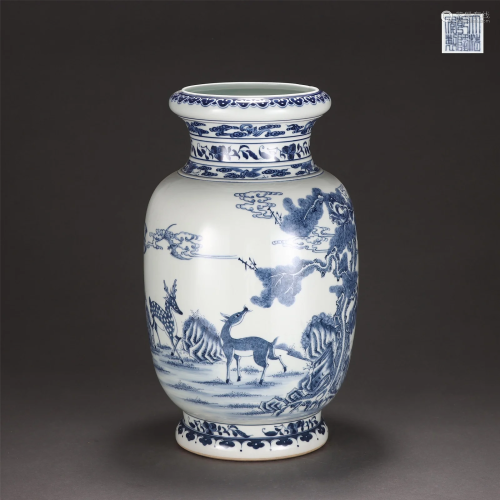 A BLUE AND WHITE DEERS VASE