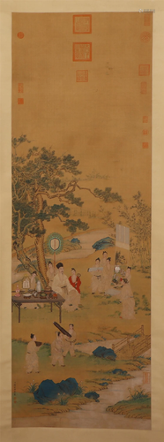 A CHINESE PAINTING OF ADMIRING ANTIQUES