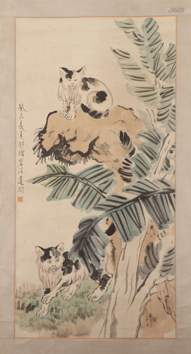 A CHINESE PAINTING OF CAT ON ROCK