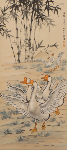 A CHINESE PAINTING OF GOOSES GROUP