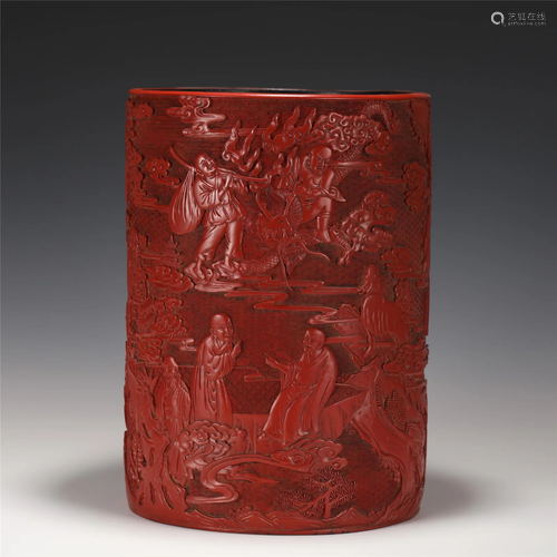 A CARVED CINNABAR LACQUER BRUSHPOT