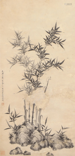 A CHINESE PAINTING OF BAMBOOS ON ROCK