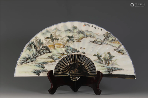 A DOUCAI GLAZED PORCELAIN LANDSCAPE FAN