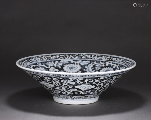 A BLUE AND WHITE FLORAL SCROLL CONICAL BOWL
