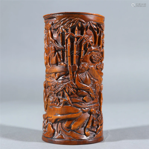 A CARVED BOXWOOD FIGURAL STORY BRUSHPOT