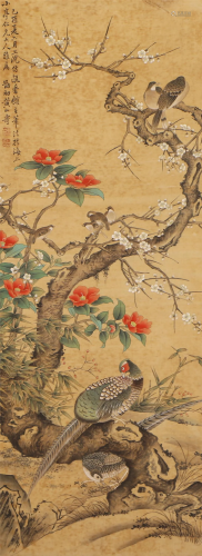 A CHINESE CALLIGRAPHY OF BIRDS WITH FLOWERS