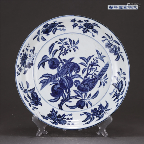 A BLUE AND WHITE PARROTS PLATE