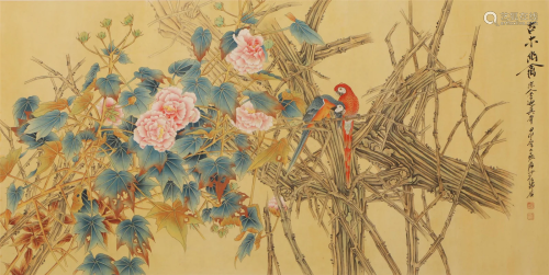 A CHINESE PAINTING OF PARROTS WITH PEONY