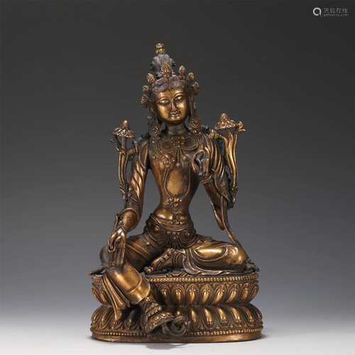 A TIBETAN GILT-BRONZE GREEN TARA