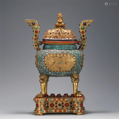 A HARD-STONES INLAID BRONZE GILT INCENSE BURNER