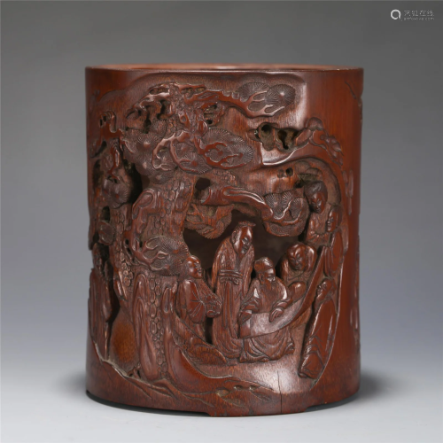 A CARVED BAMBOO FIGURAL STORY BRUSHPOT