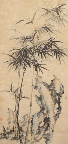A CHINESE PAINTING OF BAMBOO WITH ROCK