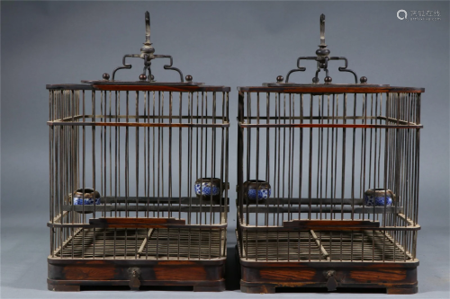 PAIR OF CHINESE HUANGHUALI WOOD BIRDCAGES