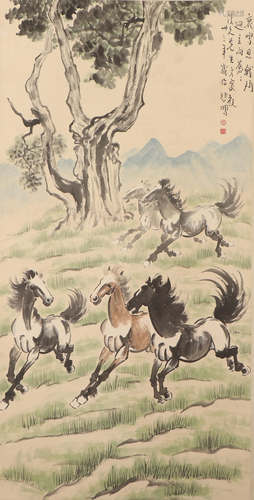 A CHINESE PAINTING OF GALLOPING HORSES