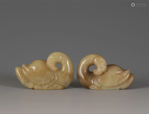 PAIR CARVED CREAMY JADE WILD GOOSES